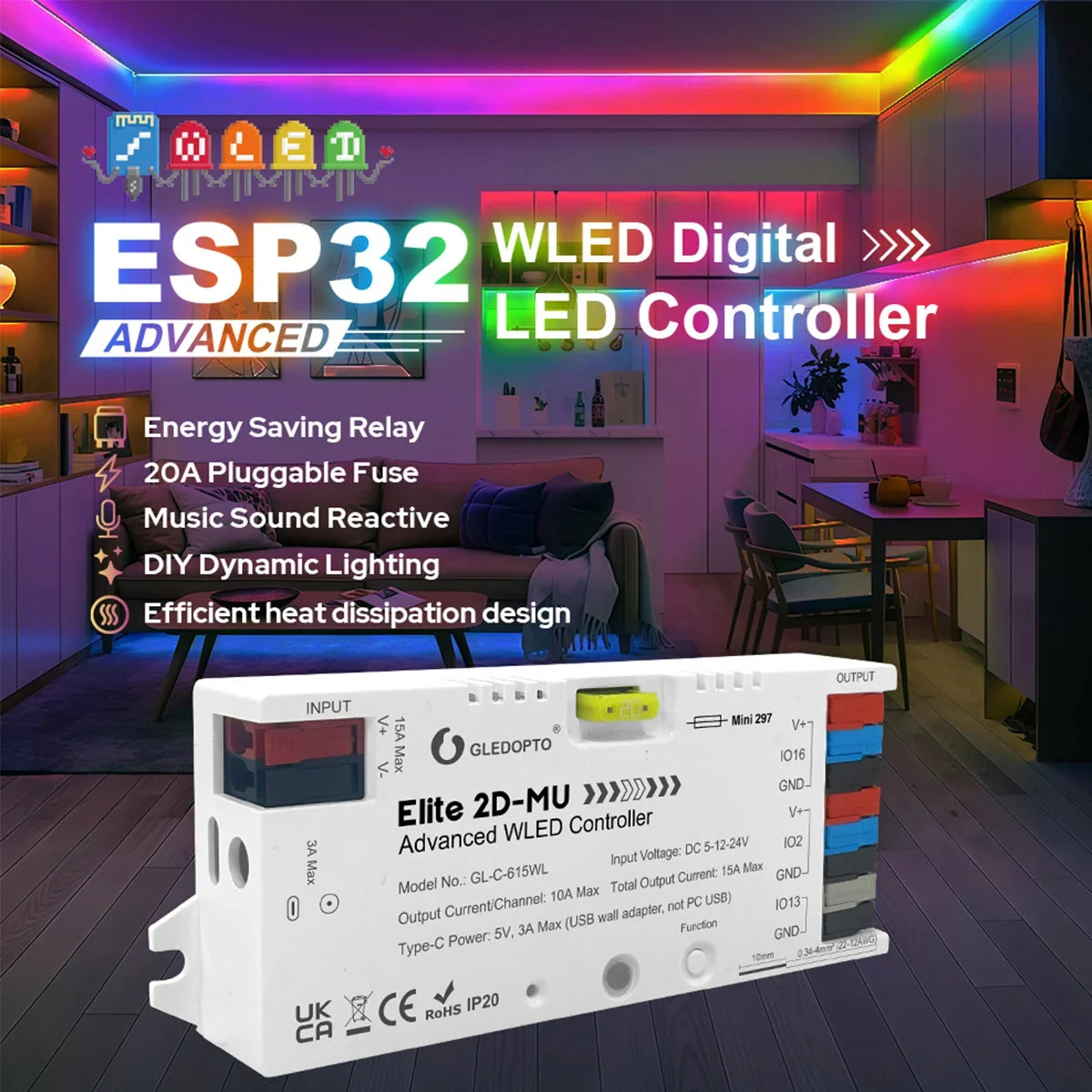 Gledopto Elite 2D-EXMU napredni WLED krmilnik